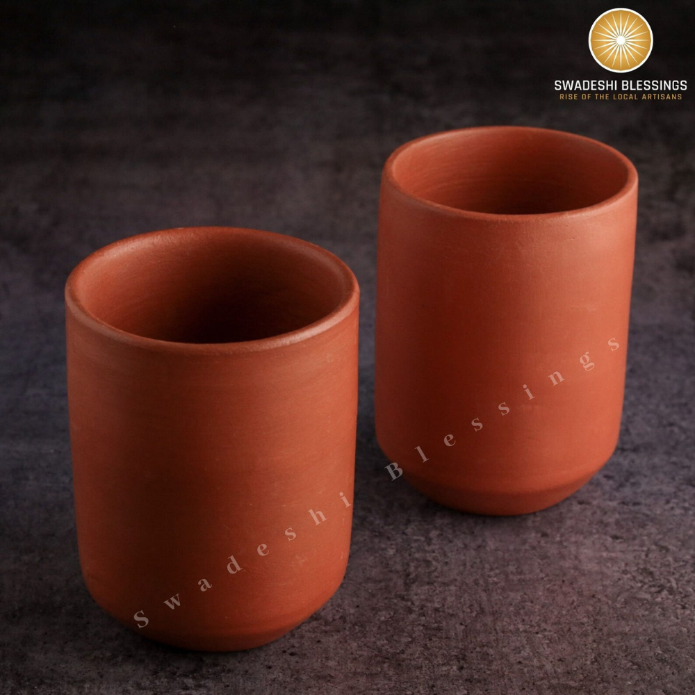 Unglazed Clay Bowl Set & Handmade Clay Glass Set Combo (with Natural White Firing Shade & Mirror Shine) + Free ASH for Cleaning