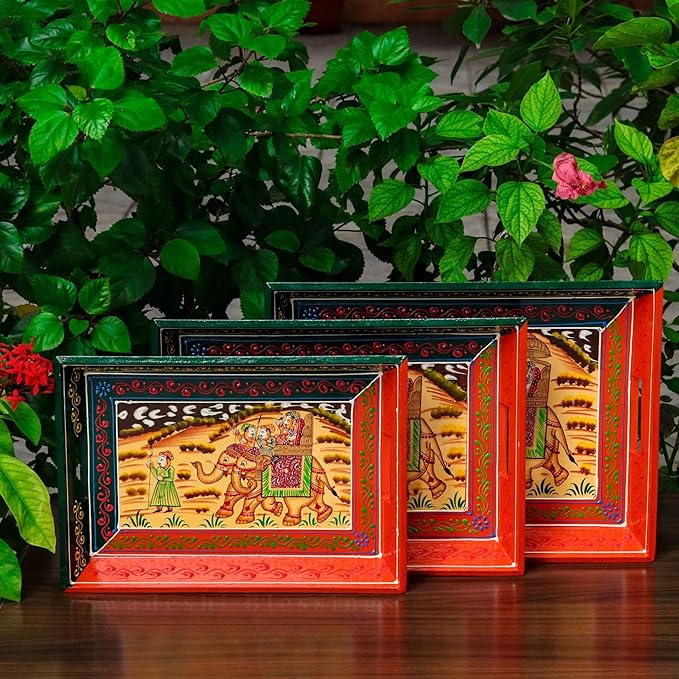 Premium HandPainted Wooden Serving Tray Set of 3 | Antique Diwali Decoration | Home Decor | Wedding, Housewarming Gift | Gift For Her Swadeshi Blessings