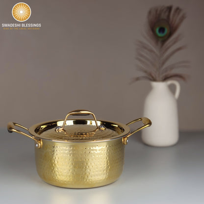 Swadeshi Blessings Exclusive Range Brass Pot for Cooking, with Lid/Teflon-Free/Naturally Non-Stick Brass Utensils with Tin Coating