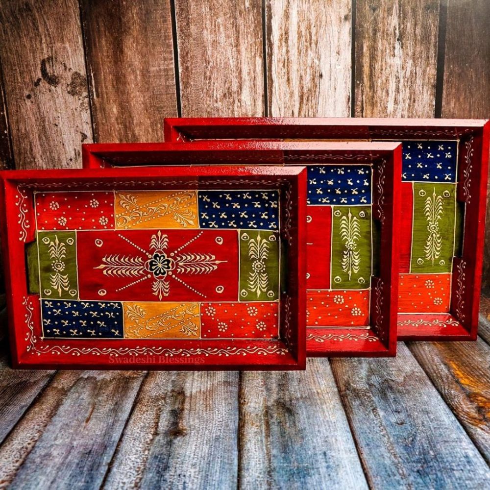 Premium HandPainted Wooden Serving Tray Set of 3 | Antique Diwali Decoration | Home Decor | Wedding, Housewarming Gift | Gift For Her Swadeshi Blessings