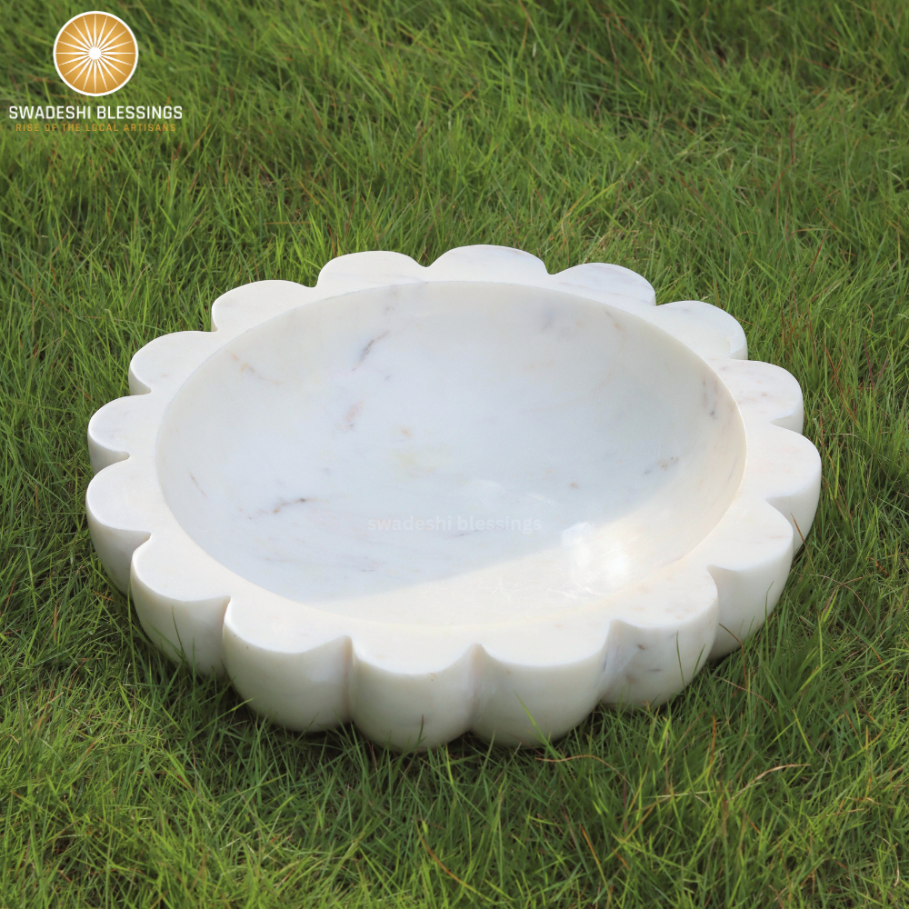 HandCrafted White Marble Decorative Bowl | Ruffle Bowl for Home Decor | Scalloped Bowl | Fluted Bowl | Organic Modern Home Decor Bowl