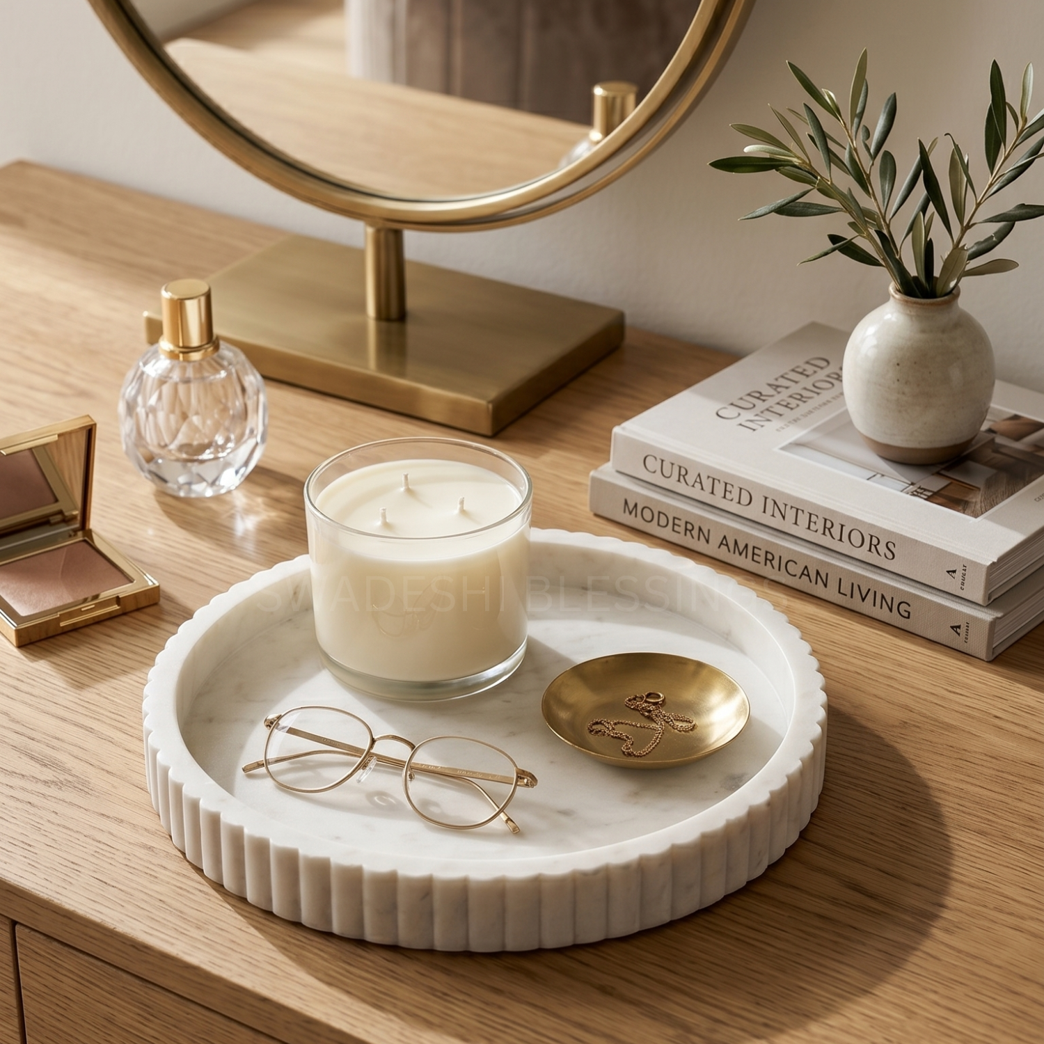 Handcrafted Marble Decorative Tray for Coffee Table Decor, Round Trays Home Decor, Ottoman Tray for Living Room, Coffee Table Tray, Dining Table Centerpiece Decor, Farmhouse Decor, 11&