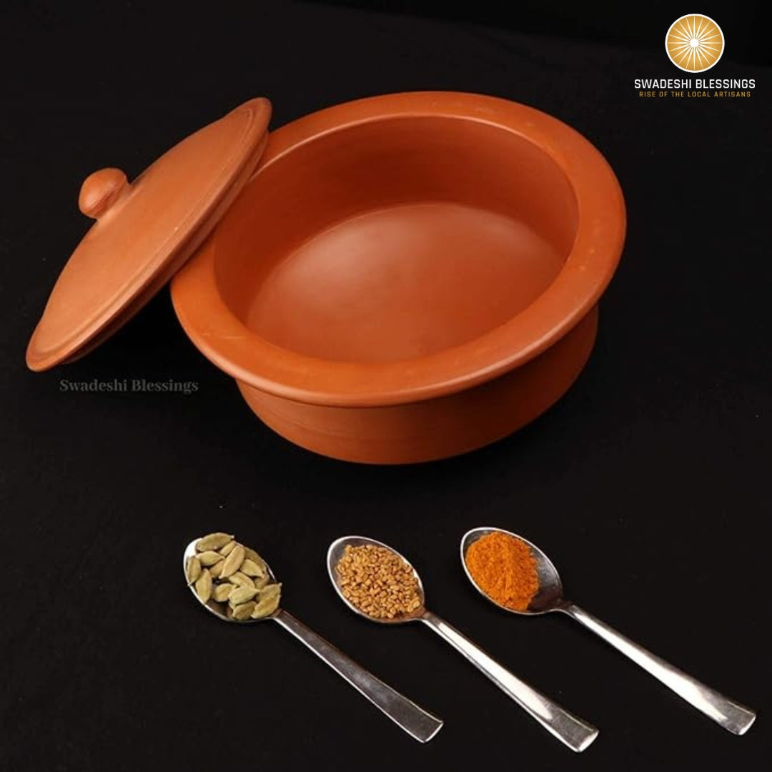 Unglazed Clay Pot for Cooking | Earthen Kadhai | Terracota Bhagona  | Clay Handi for Cooking &amp; Serving with Lid