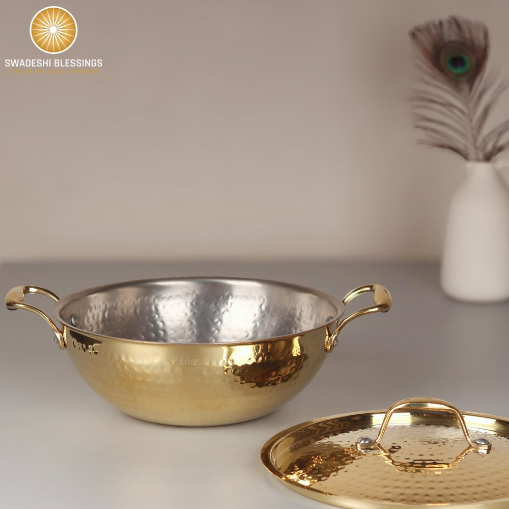 Swadeshi Blessings Exclusive Range Brass Kadai for Cooking, with Lid/Teflon-Free/Naturally Non-Stick Brass Utensils with Tin Coating