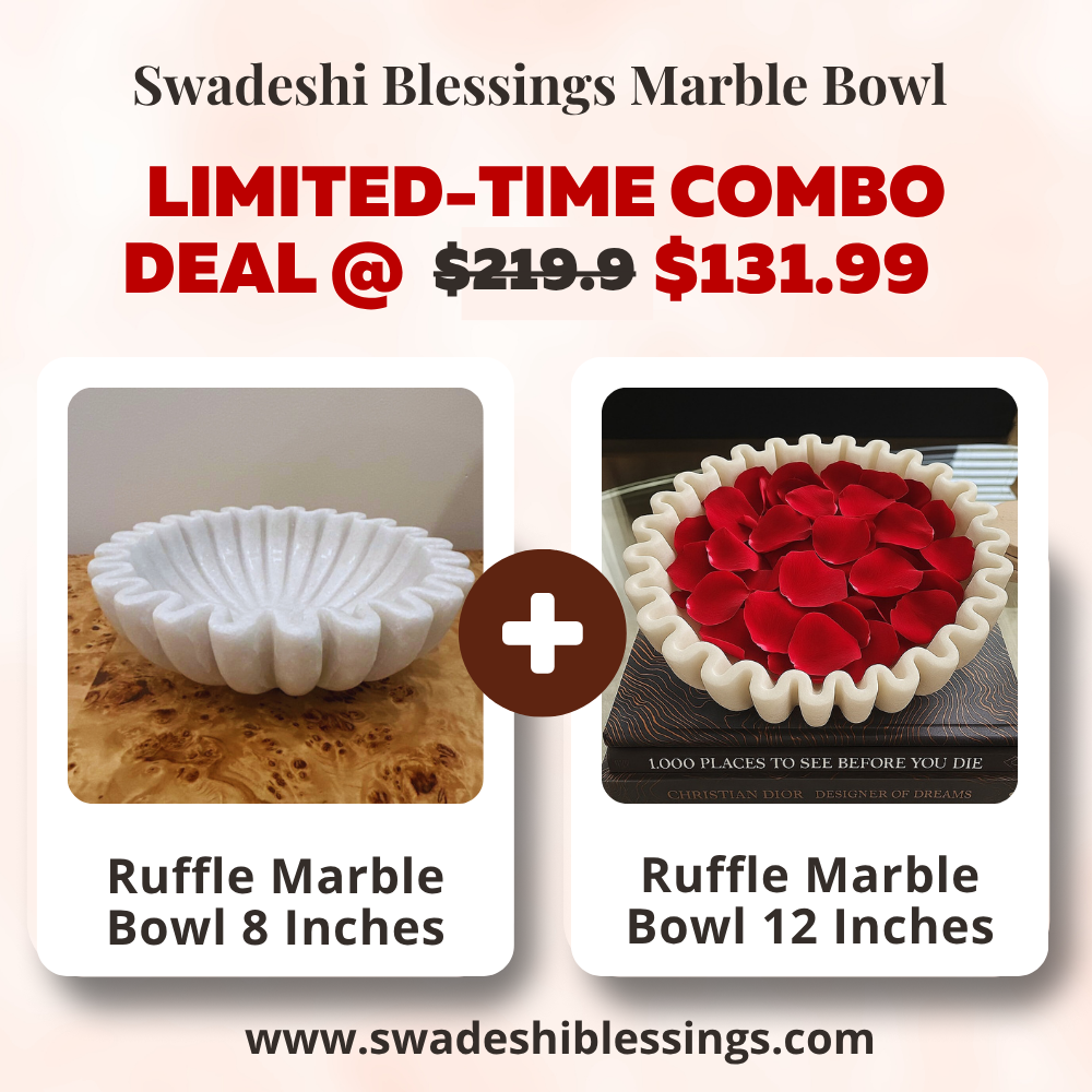 Premium Handcrafted Marble Ruffle Bowl Combo | Antique Scalloped Bowl | Fluted Bowl | Marble Large Decorative Bowl Combo of 8 & 12 Inches