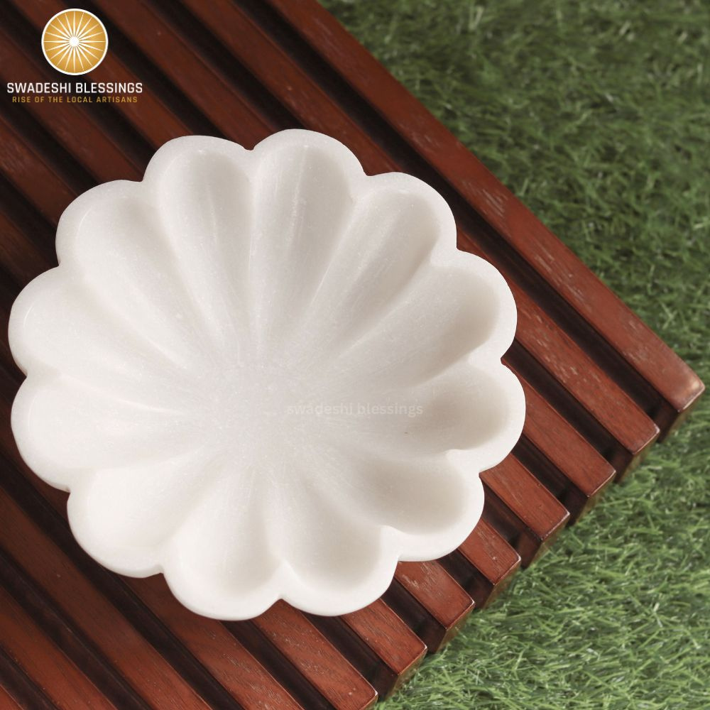 Premium Handcrafted Marble Scalloped Bowl 7 Inch & Antique Lotus Bowl 7 Inch Combo | Fluted Bowl | Marble Decorative Bowl