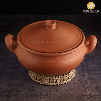 Unglazed Clay Pot for Cooking | Earthen Kadhai | Round Terracota Kadhai | Clay Handi for Serving with Lid | Includes Free Palm Leaf Stand and Ash for Cleaning