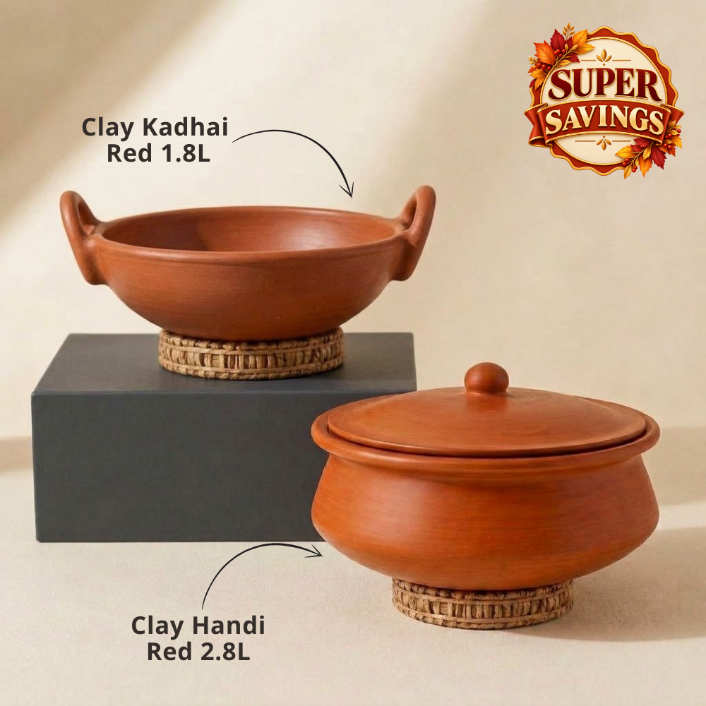 Unglazed Clay Handi / Terracotta pot / Earthen Kadai / Clay Pots Combo For Cooking &amp; Serving, 1.8 &amp; 2.8 Litres (Natural Firing Shade &amp; Mirror Shine)+FREE ASH For Cleaning