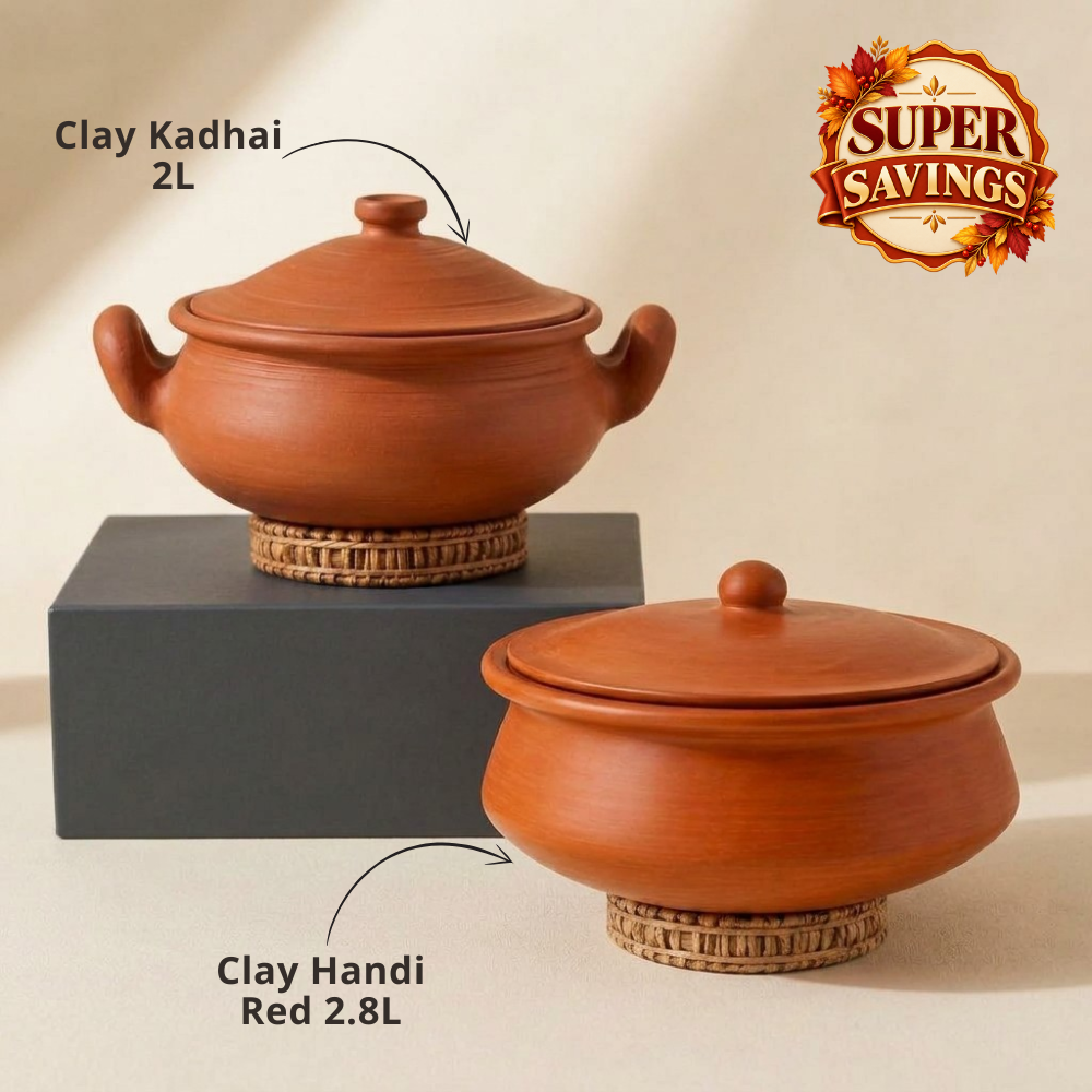 Unglazed Clay Handi / Earthen Kadai / Clay Pots Combo for Cooking &amp; Serving with Lids – 2L &amp; 2.8L (Red) (Natural Firing Shade &amp; Mirror Shine) + FREE Ash for Cleaning