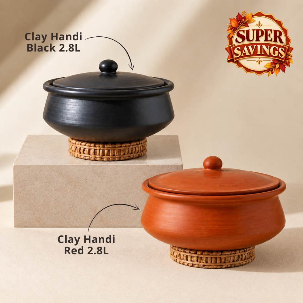 Unglazed Clay Handi / Earthen Kadai / Clay Pots Combo for Cooking &amp; Serving with Lids – 2.8L Black &amp; 2.8L Red (Natural Firing Shade &amp; Mirror Shine) + FREE Ash for Cleaning