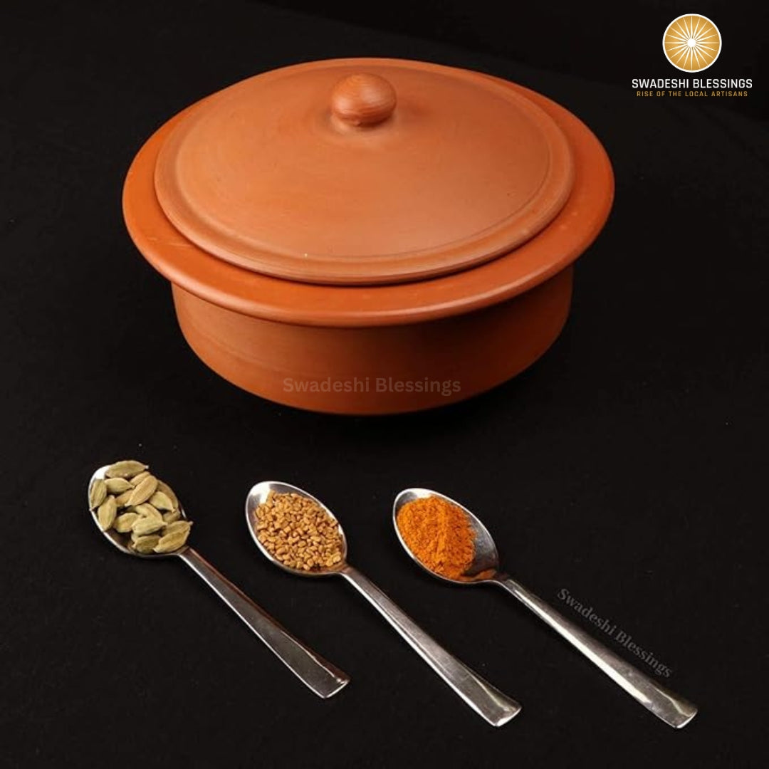Unglazed Clay Pot for Cooking | Earthen Kadhai | Terracota Bhagona  | Clay Handi for Cooking & Serving with Lid