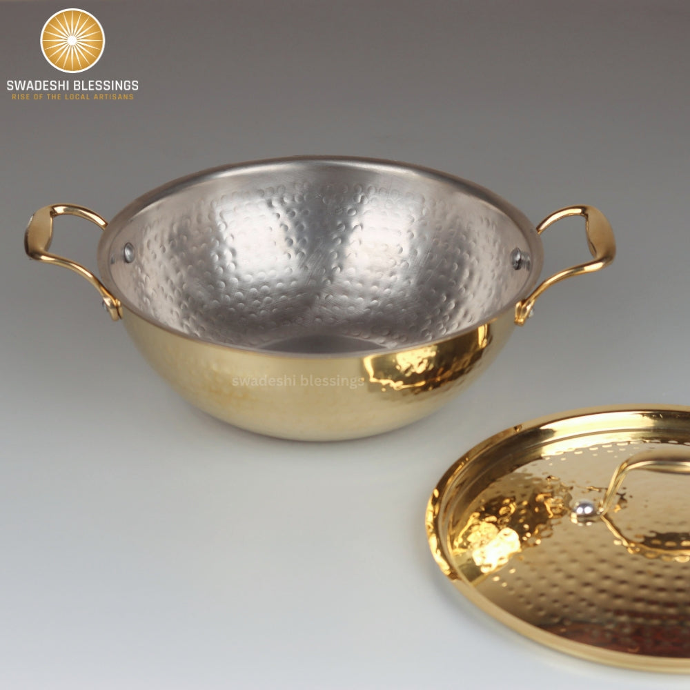 Swadeshi Blessings Exclusive Range Brass Kadai for Cooking, with Lid/Teflon-Free/Naturally Non-Stick Brass Utensils with Tin Coating