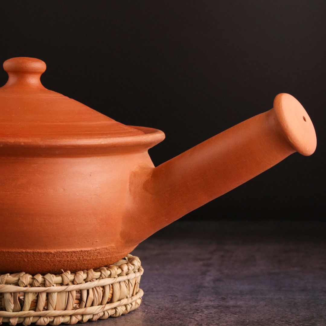 Premium Unglazed Clay Pot for Cooking | Earthen Kadhai | Kerela Handi | Clay Handi for Serving with Lid, 2.8L | Includes Free Palm Leaf Stand and Ash for Cleaning Swadeshi Blessings