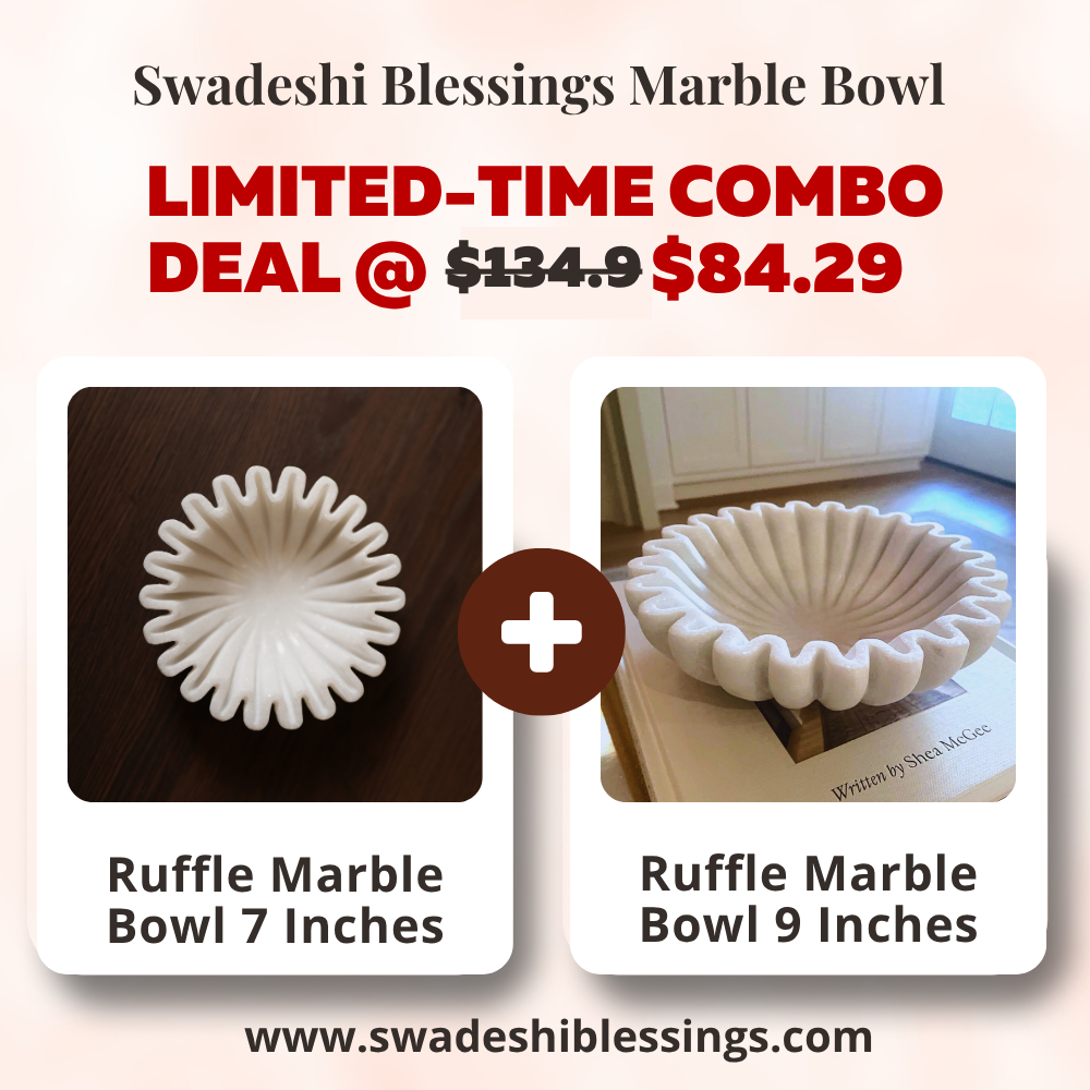 Premium Handcrafted Marble Ruffle Bowl Combo | Antique Scalloped Bowl | Fluted Bowl | Marble Large Decorative Bowl Combo of 7 & 9 Inches