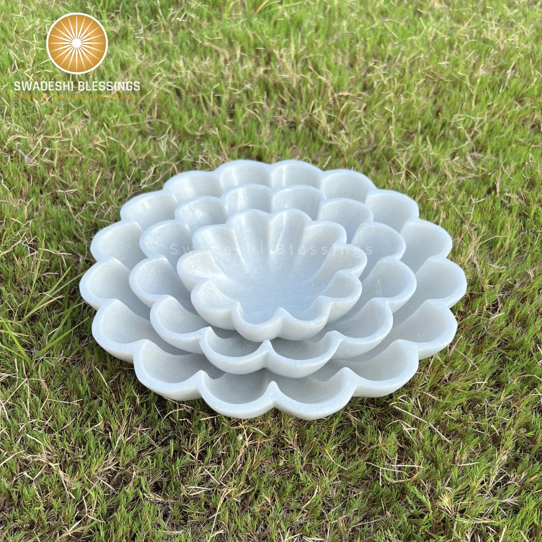 HandCrafted Marble Large Decorative Bowl | White Decorative Bowls for Home Decor | Ruffle Bowl | Scalloped Bowl | Fluted Bowl | Key/Fruit Bowl | Ring Dish | Organic Modern Home Decor Bowl | 6-12 Inches