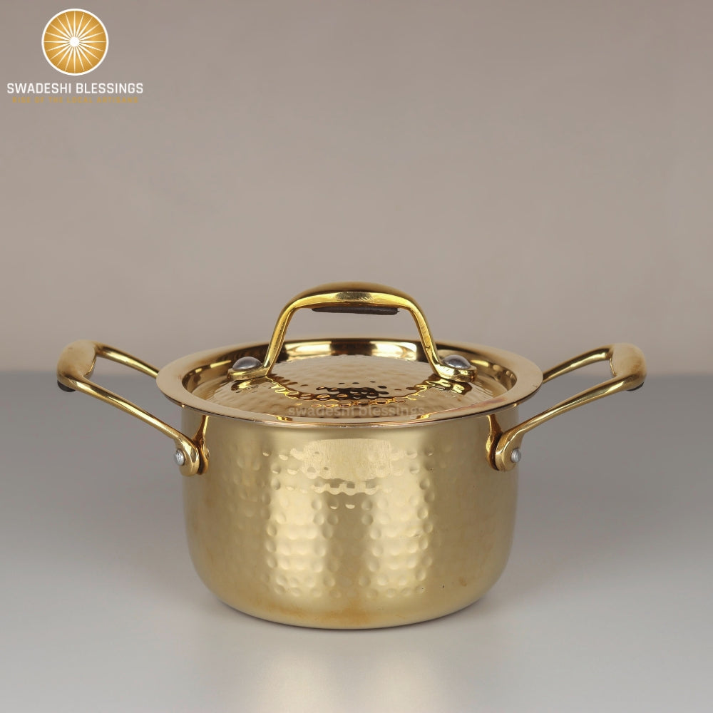 Swadeshi Blessings Exclusive Range Brass Pot for Cooking, with Lid/Teflon-Free/Naturally Non-Stick Brass Utensils with Tin Coating