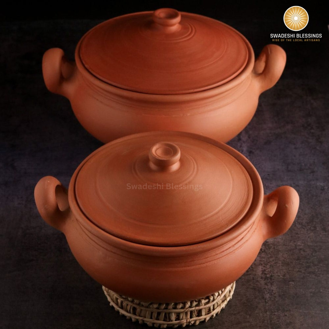 Unglazed Clay Pot for Cooking | Earthen Kadhai | Round Terracota Kadhai | Clay Handi for Serving with Lid | Includes Free Palm Leaf Stand and Ash for Cleaning