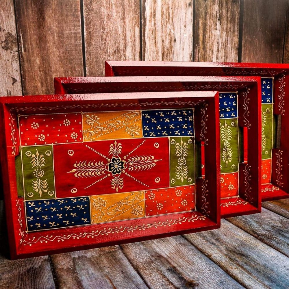 Premium HandPainted Wooden Serving Tray Set of 3 | Antique Diwali Decoration | Home Decor | Wedding, Housewarming Gift | Gift For Her Swadeshi Blessings