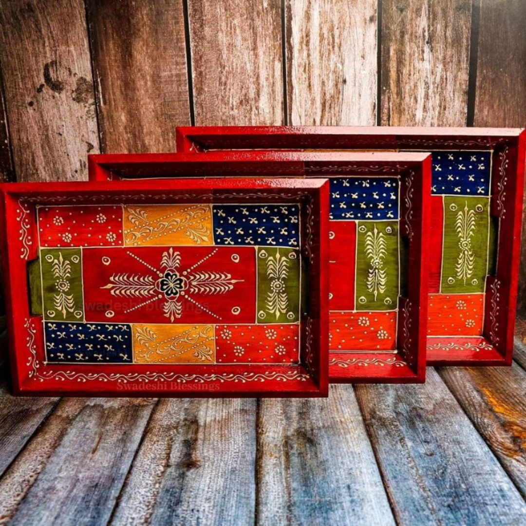 Premium HandPainted Wooden Serving Tray Set of 3 | Antique Diwali Decoration | Home Decor | Wedding, Housewarming Gift | Gift For Her
