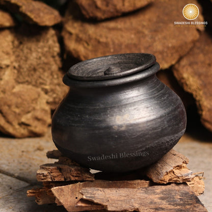 Premium Unglazed Clay Pot for Cooking | Earthen Kadhai | Terracota Black Handi | Clay Handi for Serving with Lid Black | Includes Free Palm Leaf Stand and Ash for Cleaning