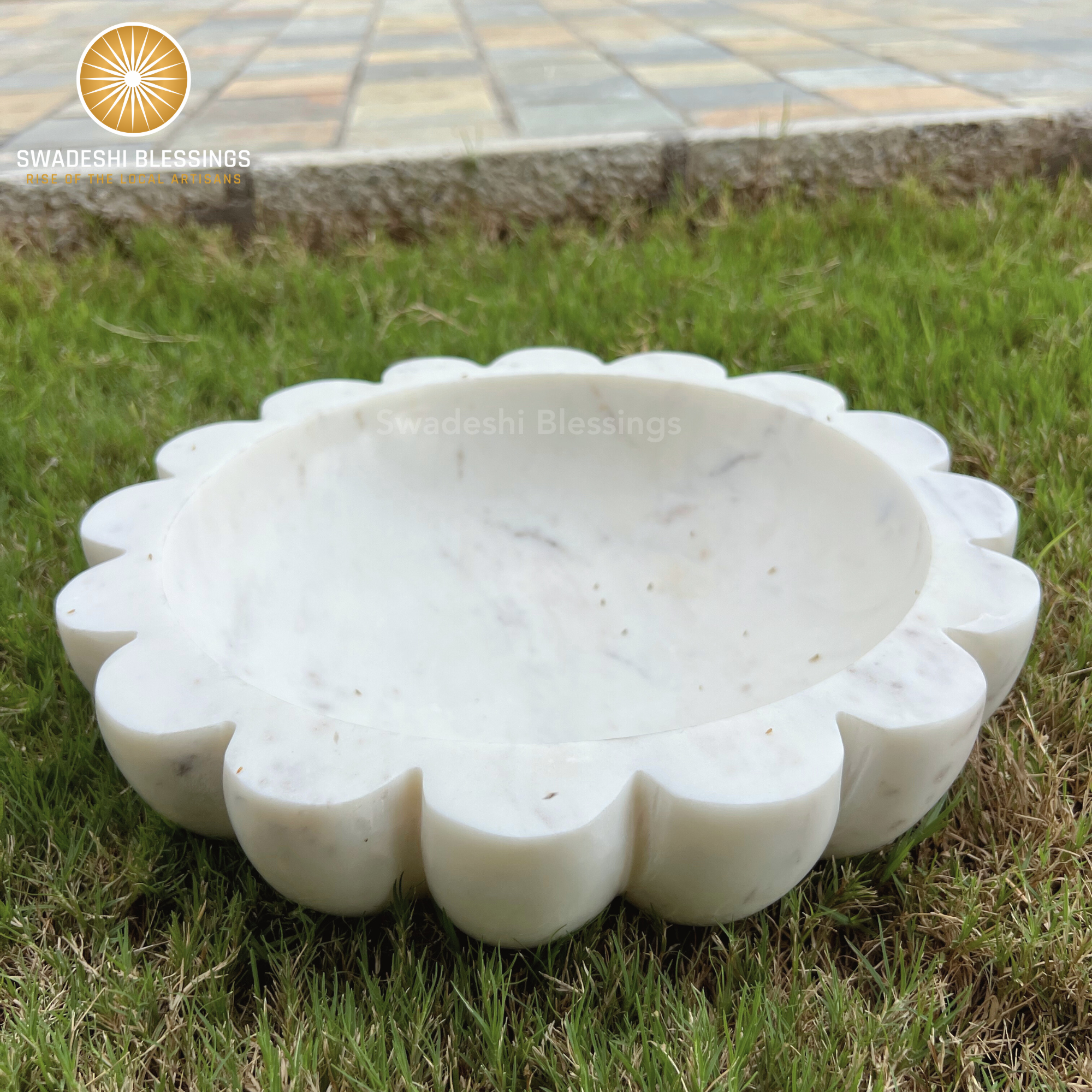 HandCrafted Marble Large Decorative Bowl | White Decorative Bowls for Home Decor | Ruffle Bowl | Scalloped Bowl | Fluted Bowl | Key/Fruit Bowl | Ring Dish | Organic Modern Home Decor Bowl | 6-10 Inches