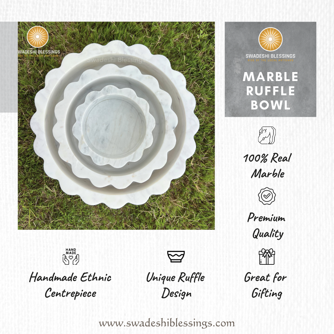 HandCrafted Marble Large Decorative Bowl | White Decorative Bowls for Home Decor | Ruffle Bowl | Scalloped Bowl | Fluted Bowl | Key/Fruit Bowl | Ring Dish | Organic Modern Home Decor Bowl | 6-10 Inches