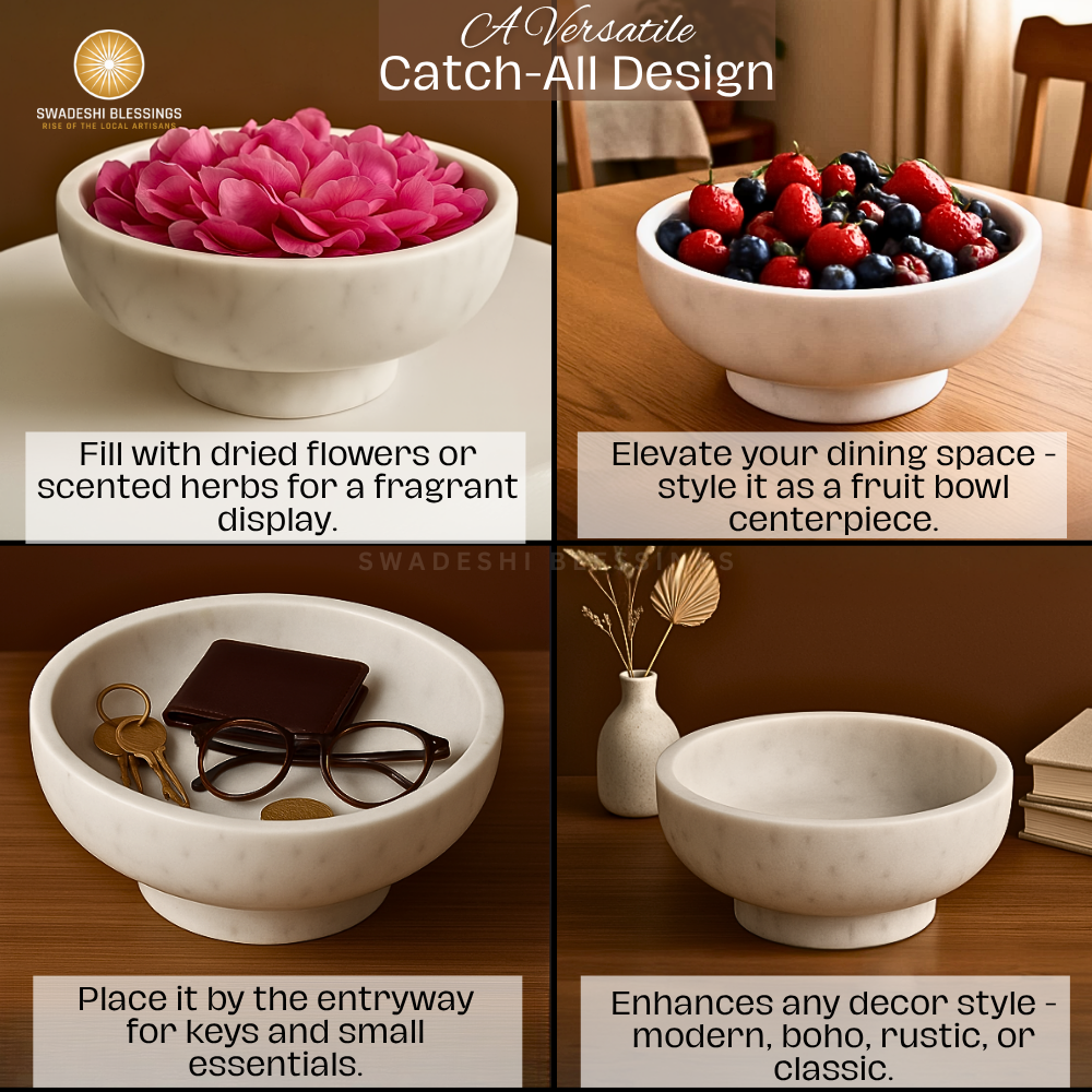 Handcrafted Marble Fruit Bowl for Kitchen Counter, Large Decorative Bowl for Home Decor, Key Bowl for Entryway Table, Marble Pedestal Bowl for Dining Table Centerpiece Decor, 10.5”