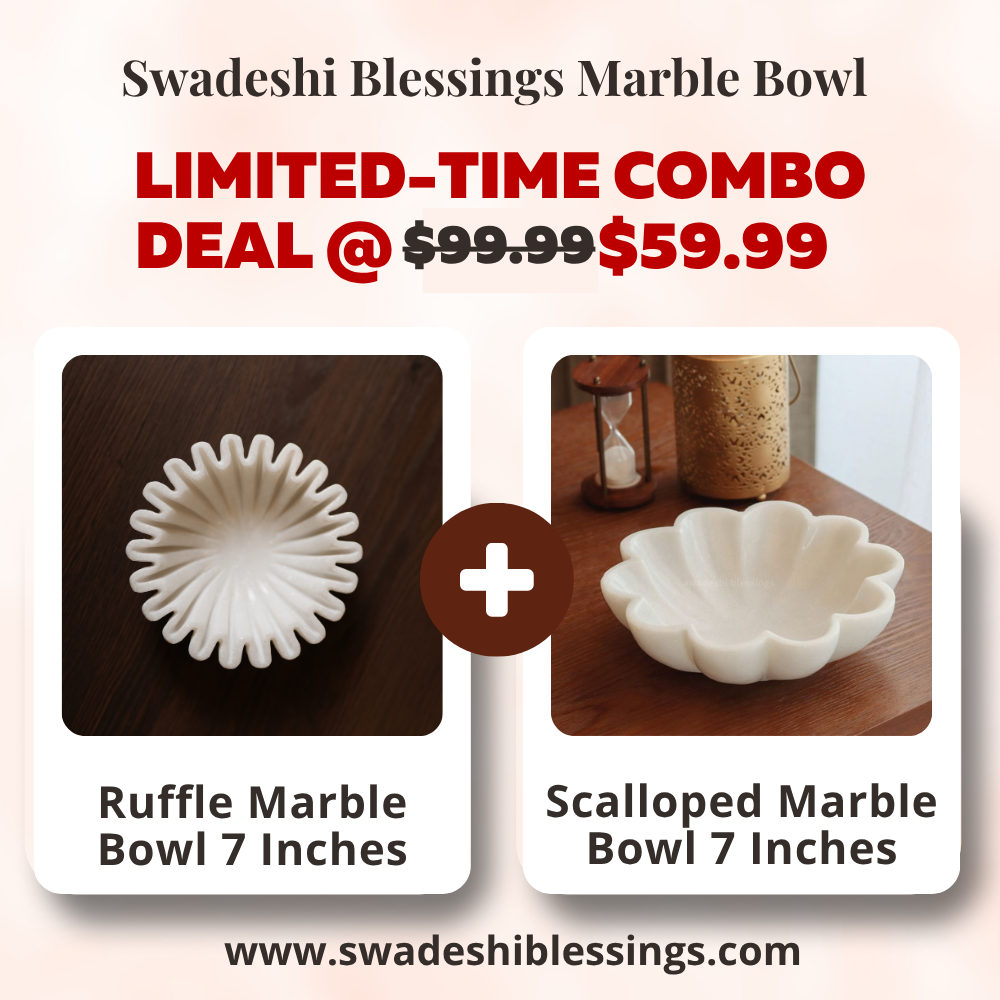 Premium Handcrafted Marble Ruffle Bowl 7 Inch & Antique Scalloped Bowl 7 Inch Combo | Fluted Bowl | Marble Large Decorative Bowl