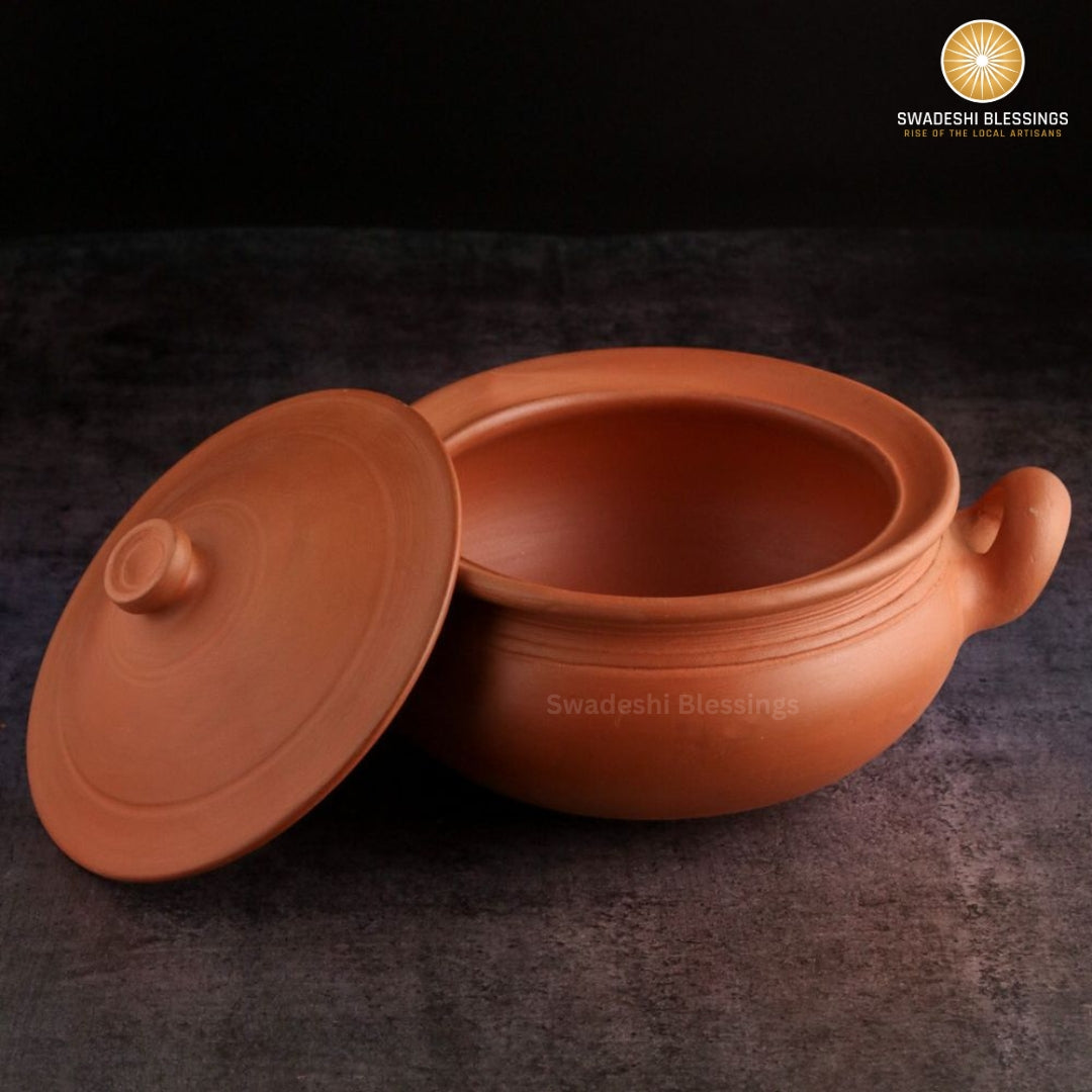 Unglazed Clay Pot for Cooking | Earthen Kadhai | Round Terracota Kadhai | Clay Handi for Serving with Lid | Includes Free Palm Leaf Stand and Ash for Cleaning