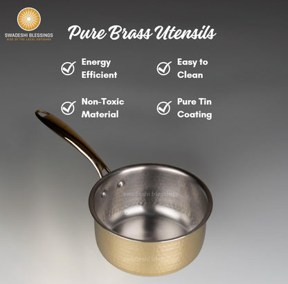 Swadeshi Blessings Exclusive Range Brass Sauce Pan for Cooking without Lid/Teflon-Free/Naturally Non-Stick Brass Utensils with Tin Coating
