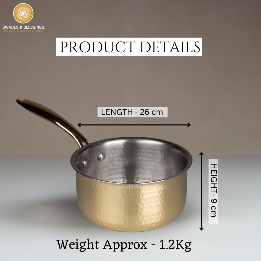 Swadeshi Blessings Exclusive Range Brass Pot/ Non-Stick Brass Utensils with Tin Coating/Teflon-Free/ Brass Sauce Pan &amp; Pot Combo 1.5L &amp; 2L