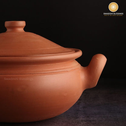 Unglazed Clay Pot for Cooking | Earthen Kadhai | Round Terracota Kadhai | Clay Handi for Serving with Lid | Includes Free Palm Leaf Stand and Ash for Cleaning