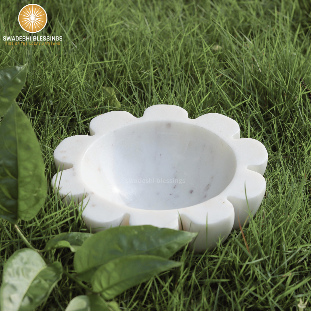 HandCrafted White Marble Decorative Bowl | Ruffle Bowl for Home Decor | Scalloped Bowl | Fluted Bowl | Organic Modern Home Decor Bowl