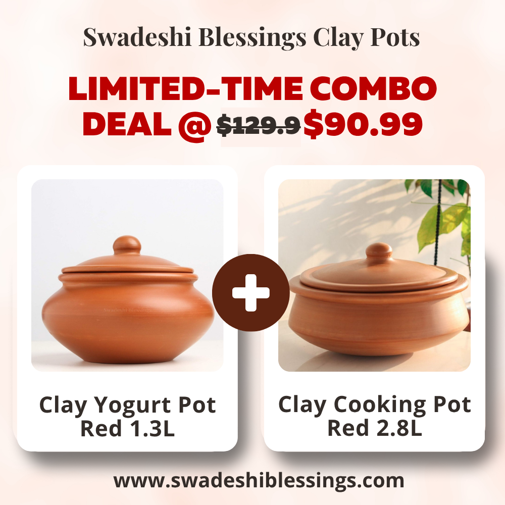 Unglazed Clay Handi &amp; Earthen Curd Pot  / Clay Pots Combo For Cooking &amp; Serving, 1.3L &amp; 2.8L, Red (Natural Firing Shade &amp; Mirror Shine)+FREE ASH For Cleaning