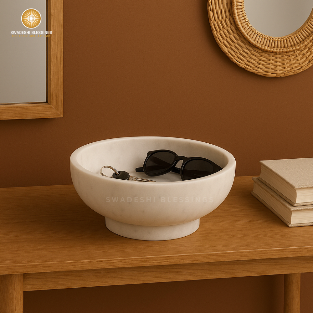 Handcrafted Marble Fruit Bowl for Kitchen Counter, Large Decorative Bowl for Home Decor, Key Bowl for Entryway Table, Marble Pedestal Bowl for Dining Table Centerpiece Decor, 10.5”