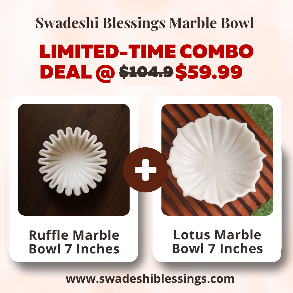 Premium Handcrafted Marble Ruffle Bowl 7 Inch & Antique Lotus Bowl 7 Inch Combo | Fluted Bowl | Marble Large Decorative Bowl