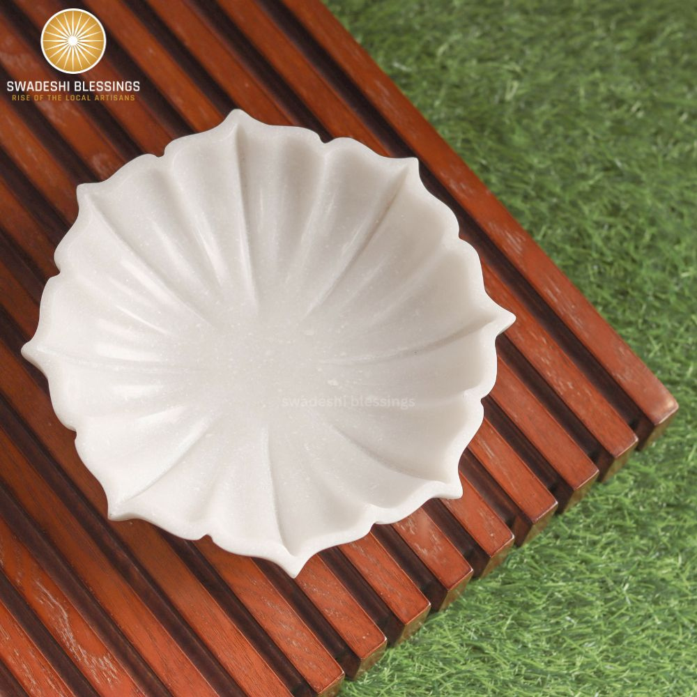 Premium Handcrafted Marble Ruffle Bowl 7 Inch & Antique Lotus Bowl 7 Inch Combo | Fluted Bowl | Marble Large Decorative Bowl