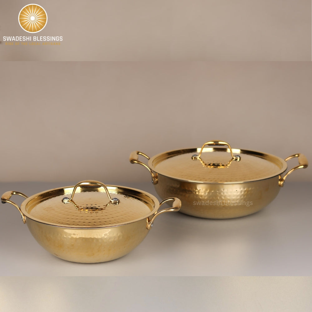 Swadeshi Blessings Exclusive Range Brass Kadai for Cooking, with Lid/Teflon-Free/Naturally Non-Stick Brass Utensils with Tin Coating