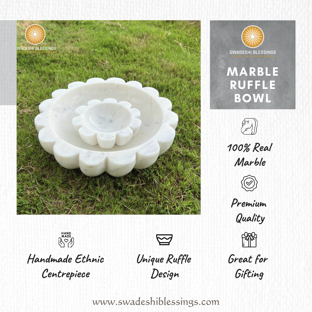 HandCrafted Marble Large Decorative Bowl | White Decorative Bowls for Home Decor | Ruffle Bowl | Scalloped Bowl | Fluted Bowl | Key/Fruit Bowl | Ring Dish | Organic Modern Home Decor Bowl | 6-10 Inches