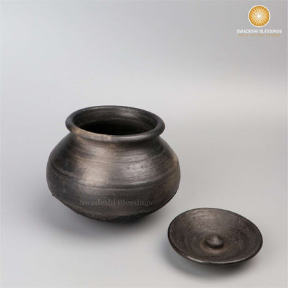 Premium Unglazed Clay Pot for Cooking | Earthen Kadhai | Terracota Black Handi | Clay Handi for Serving with Lid Black | Includes Free Palm Leaf Stand and Ash for Cleaning