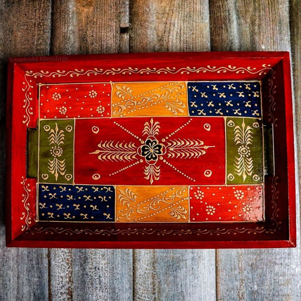 Premium HandPainted Wooden Serving Tray Set of 3 | Antique Diwali Decoration | Home Decor | Wedding, Housewarming Gift | Gift For Her Swadeshi Blessings