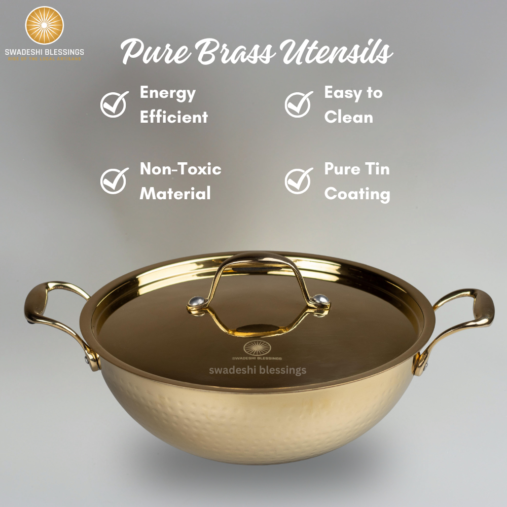Swadeshi Blessings Exclusive Range Brass Kadai/ Non-Stick Brass Utensils with Tin Coating/Teflon-Free/ Brass Pot &amp; Kadai Combo 3L each