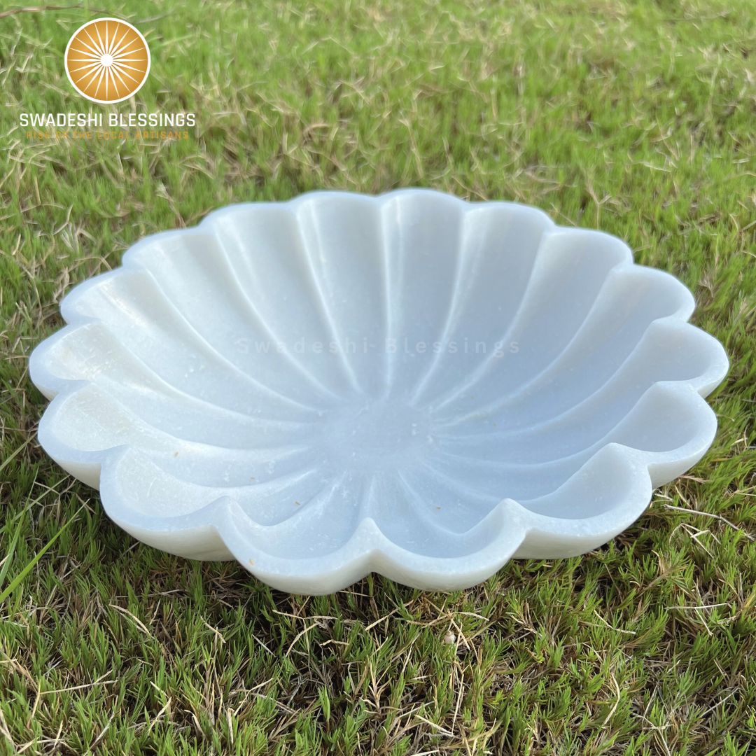 HandCrafted Marble Large Decorative Bowl | White Decorative Bowls for Home Decor | Ruffle Bowl | Scalloped Bowl | Fluted Bowl | Key/Fruit Bowl | Ring Dish | Organic Modern Home Decor Bowl | 6-12 Inches 