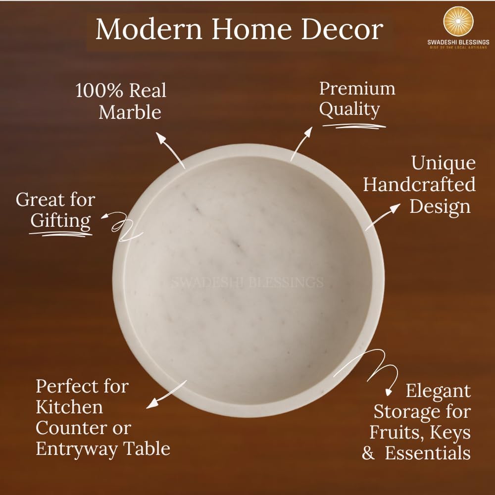 Handcrafted Marble Fruit Bowl for Kitchen Counter, Large Decorative Bowl for Home Decor, Key Bowl for Entryway Table, Marble Pedestal Bowl for Dining Table Centerpiece Decor, 10.5”