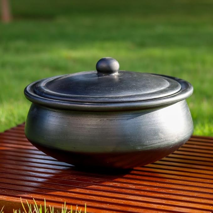 Unglazed Clay Handi / Earthen Kadai / Clay Pots Combo for Cooking &amp; Serving with Lids – 2.8L Black &amp; 2.8L Red (Natural Firing Shade &amp; Mirror Shine) + FREE Ash for Cleaning