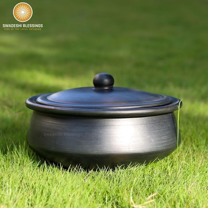 Premium Unglazed Clay Pot for Cooking | Earthen Kadhai | Kerela Handi | Clay Handi for Serving with Lid, 2.8L | Includes Free Palm Leaf Stand and Ash for Cleaning Swadeshi Blessings