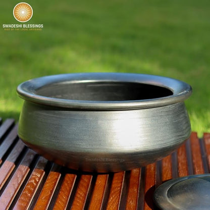 Premium Unglazed Clay Pot for Cooking | Earthen Kadhai | Kerela Handi | Clay Handi for Serving with Lid, 2.8L | Includes Free Palm Leaf Stand and Ash for Cleaning Swadeshi Blessings