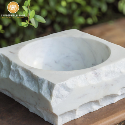 HandCrafted White Marble Rock Finish Decorative Bowl | Marble Bowl for Home Decor | Key/Fruit Bowl | Organic Modern Home Decor Bowl