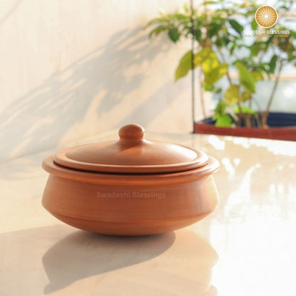 Unglazed Clay Pot for Cooking | Earthen Kadhai | Kerela Handi | Clay Handi for Serving with Lid, 2.8L | Includes Free Palm Leaf Stand and Ash for Cleaning