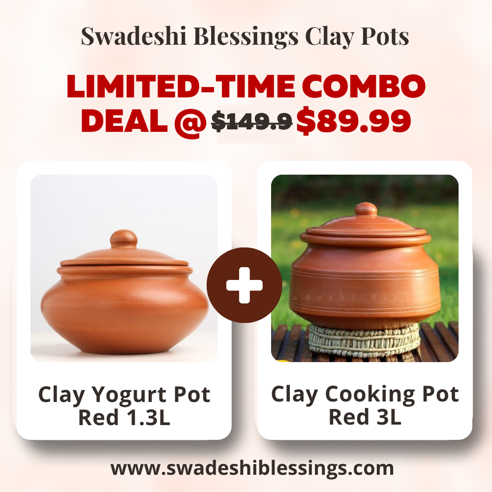 Unglazed Clay Handi &amp; Earthen Curd Pot  / Clay Pots Combo For Cooking &amp; Serving, 1.3L &amp; 3L, Red (Natural Firing Shade &amp; Mirror Shine)+FREE ASH For Cleaning